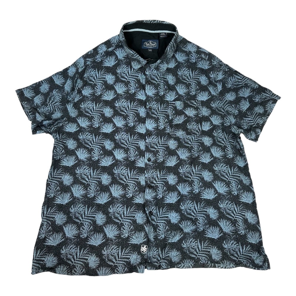 Nat Nast‎ Black Blue Palm Print Silk S/S Button Front Size 2XL XXL